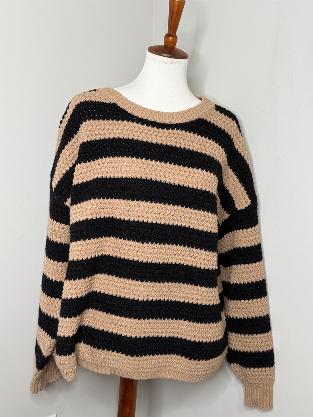 Baltic Born “Liam Chunky Knit Sweater” - Black & Beige Striped Crewneck Sweater